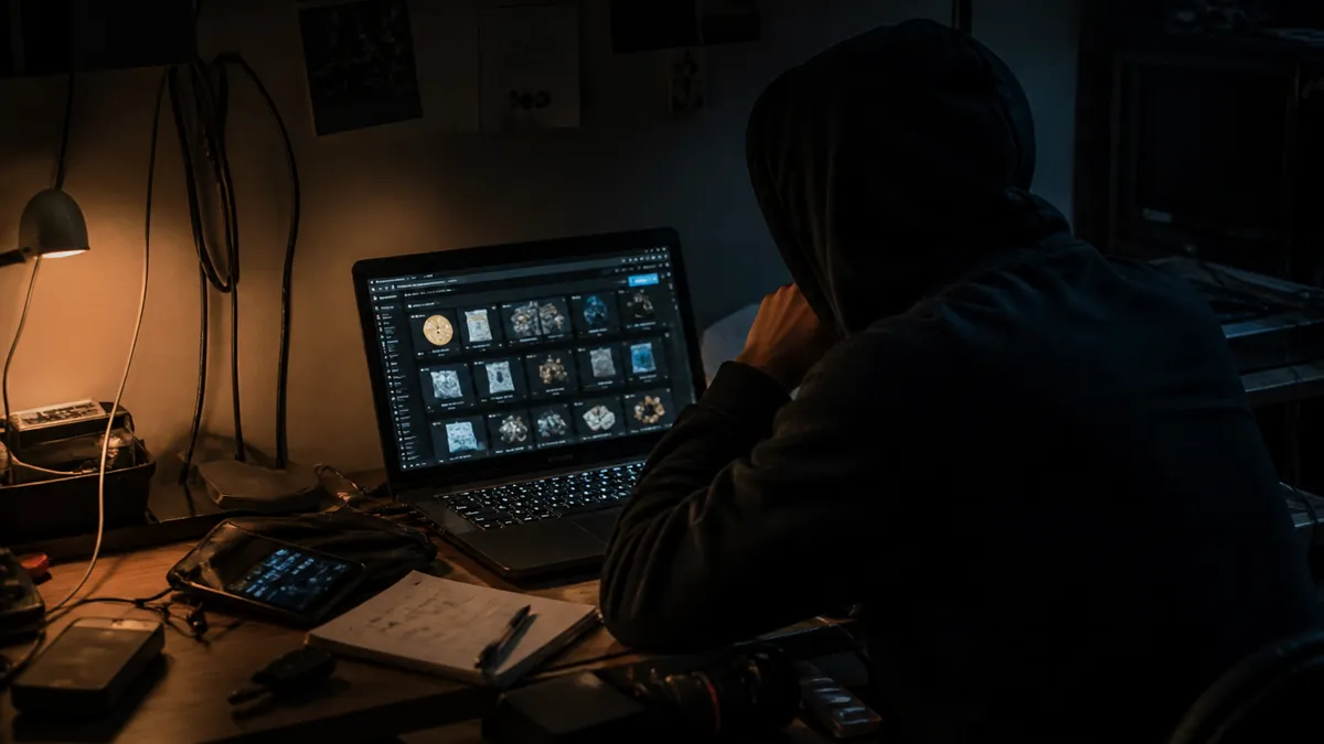 A person carefully examining dark web market listings on their laptop.