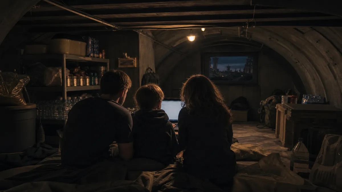 A family inside a fallout shelter using a laptop to explore the dark web.