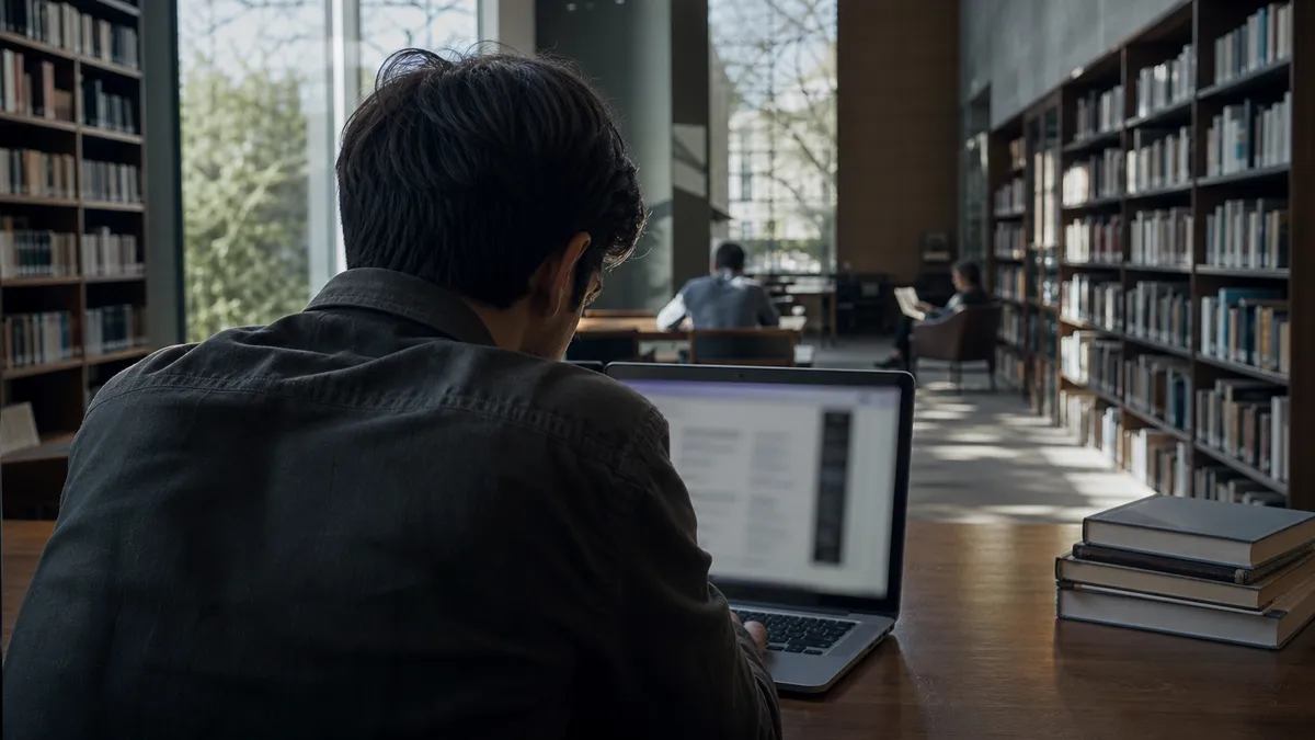 A person navigates the Hidden Wiki in a quiet library setting.