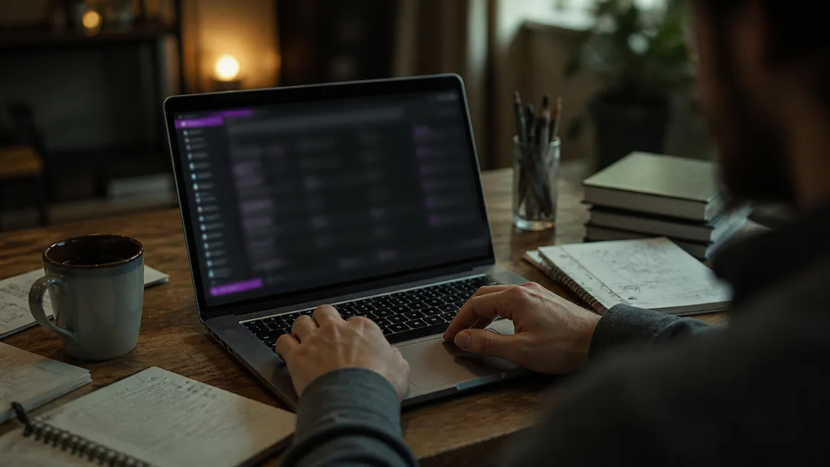 A person engaged in exploring Hidden Wiki links on a laptop in a cozy workspace.