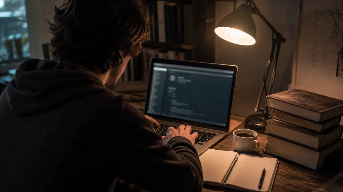 A person quietly researching the Hidden Wiki in a comfortable setting.