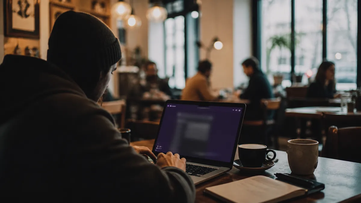 A person using a laptop in a cafe to browse onion links safely.