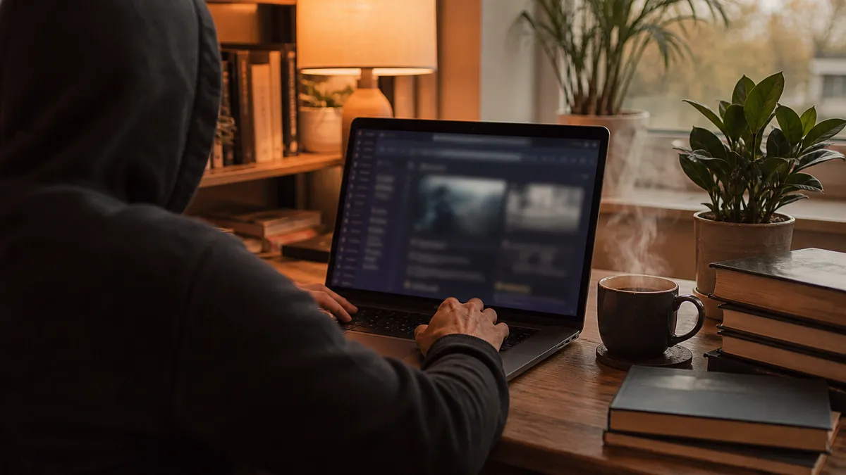 A user browsing the dark web in a cozy home office setup.