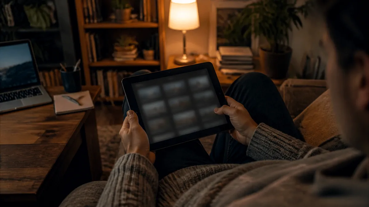 A user safely exploring dark web links on a tablet in a cozy environment.