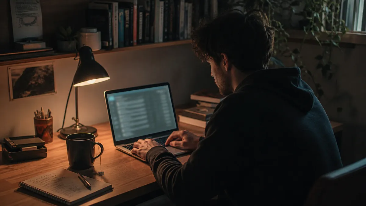 A person is exploring The Hidden Wiki on a laptop at a cozy desk.