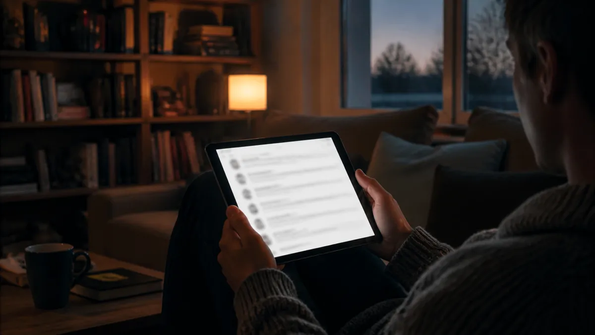 A person exploring onion search engines on a tablet in a cozy living room.