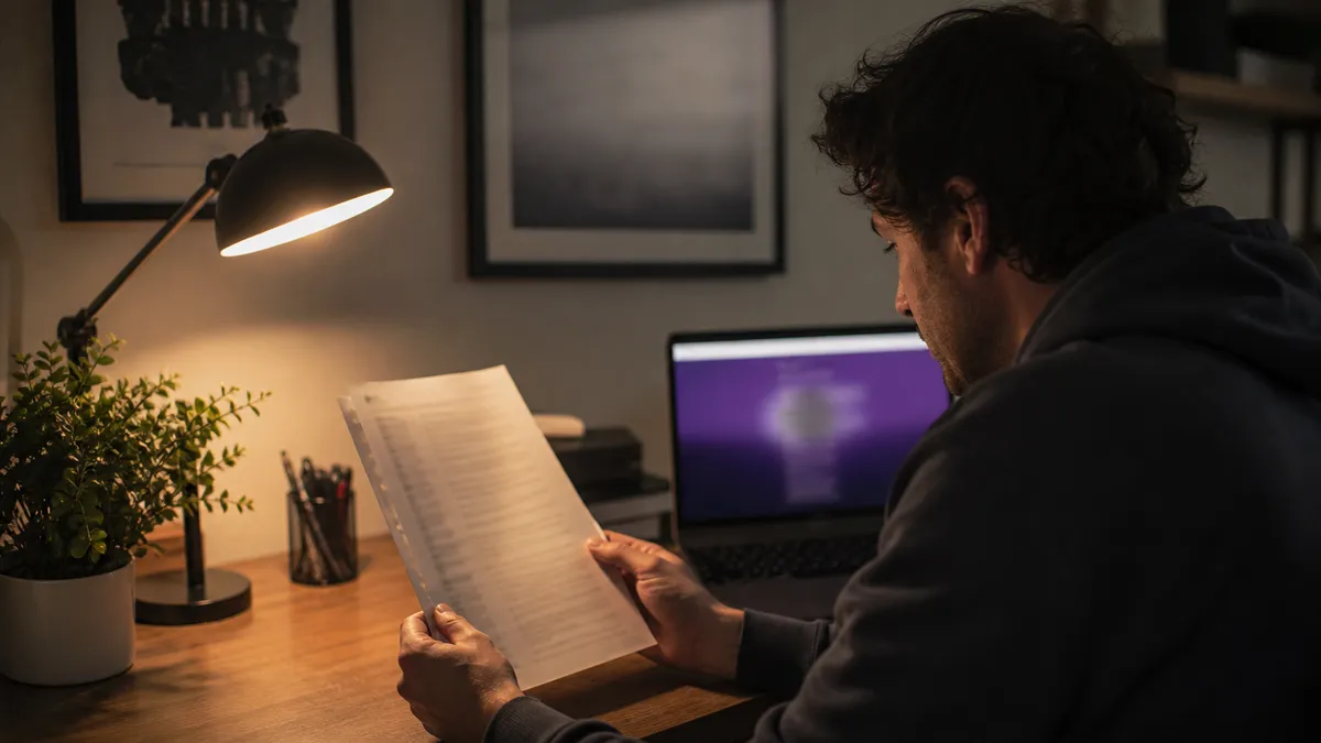 A person is reviewing a printed list of onion sites in a home office setting.