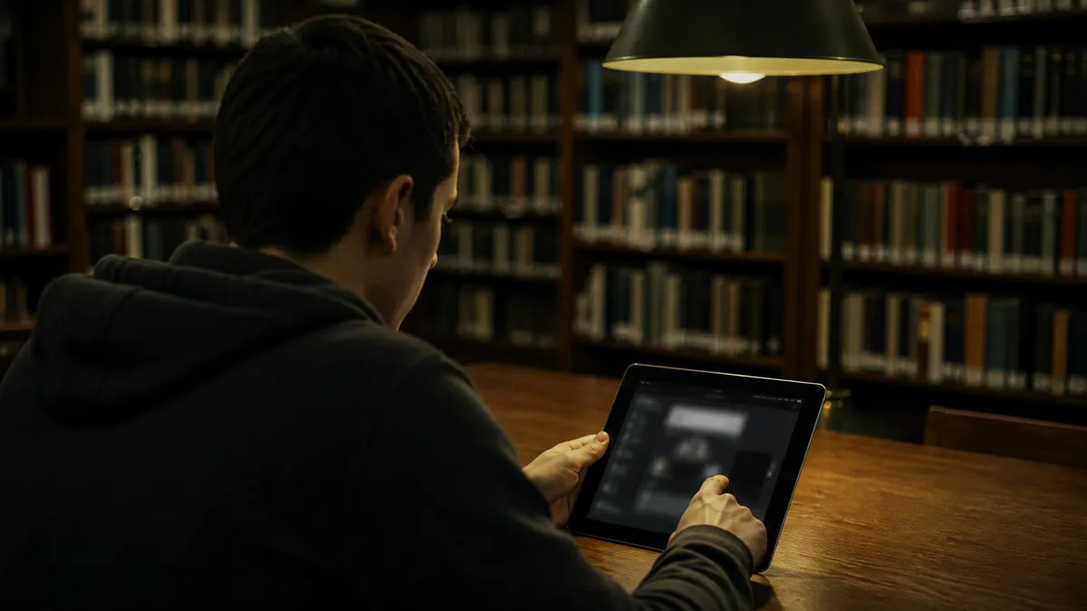 A person navigates .onion links on a tablet in a library setting.