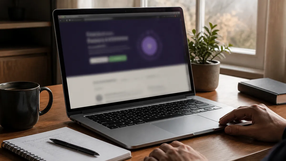 A user is downloading the Tor Browser on a laptop in a cozy workspace.