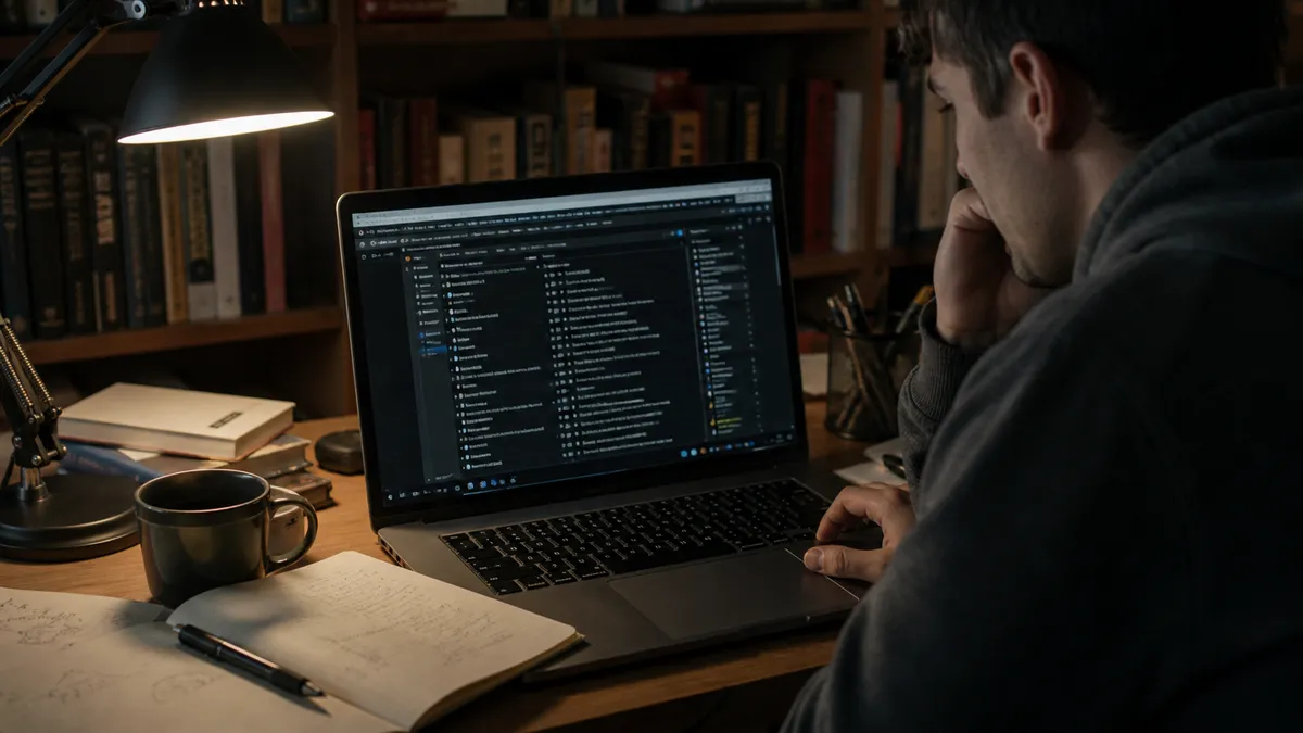 A person focused on reviewing curated dark web links from a laptop at a desk.