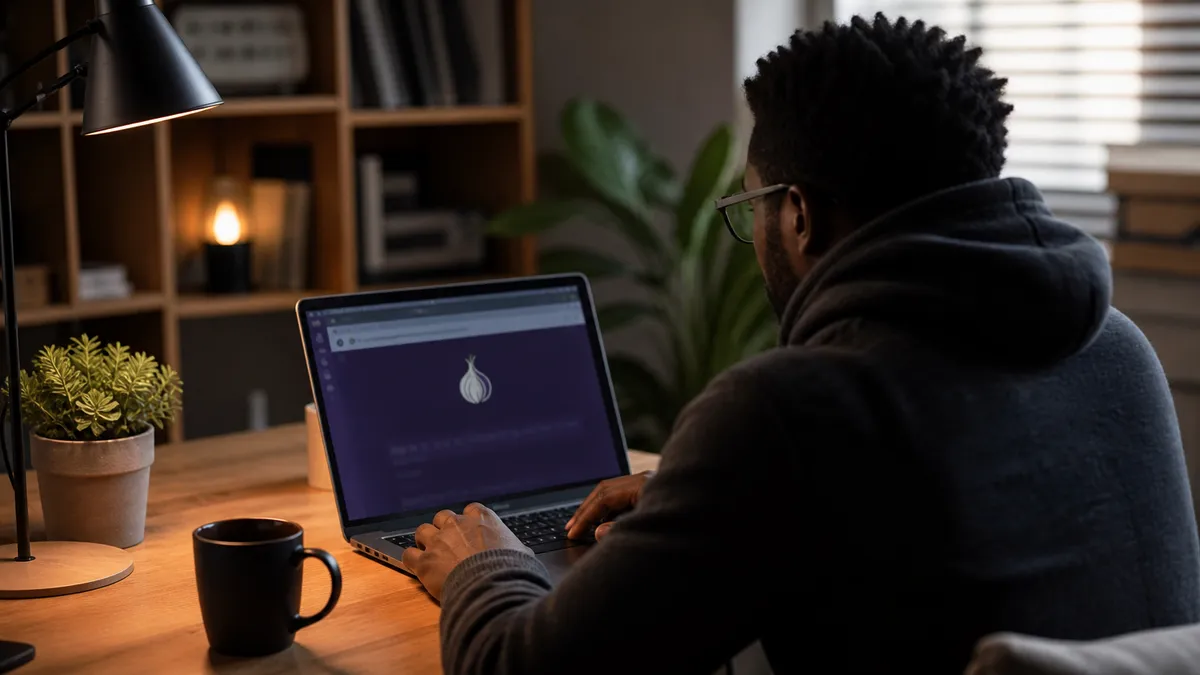 A person is using a laptop in a cozy home office to access Tor Browser.