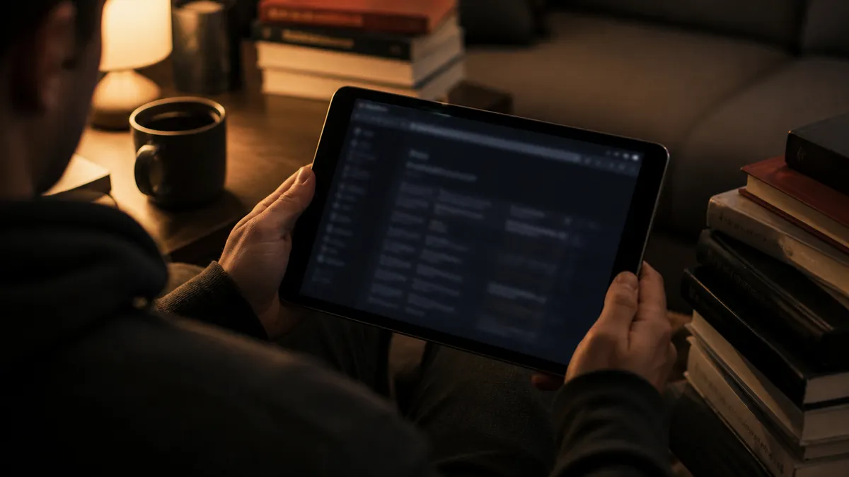 A user is exploring onion links on a tablet in a warm, inviting space.