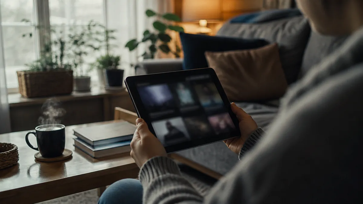 A person is navigating .onion links on a tablet in a cozy living room.