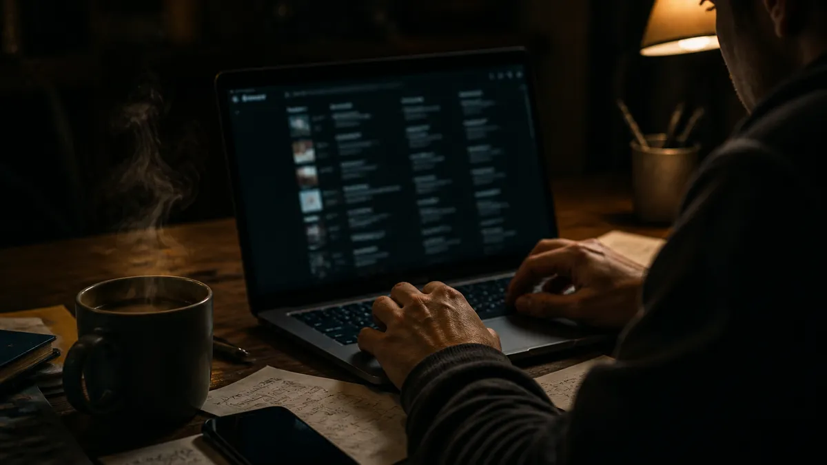 A person examines a dark web directory on a laptop in a cozy setting.