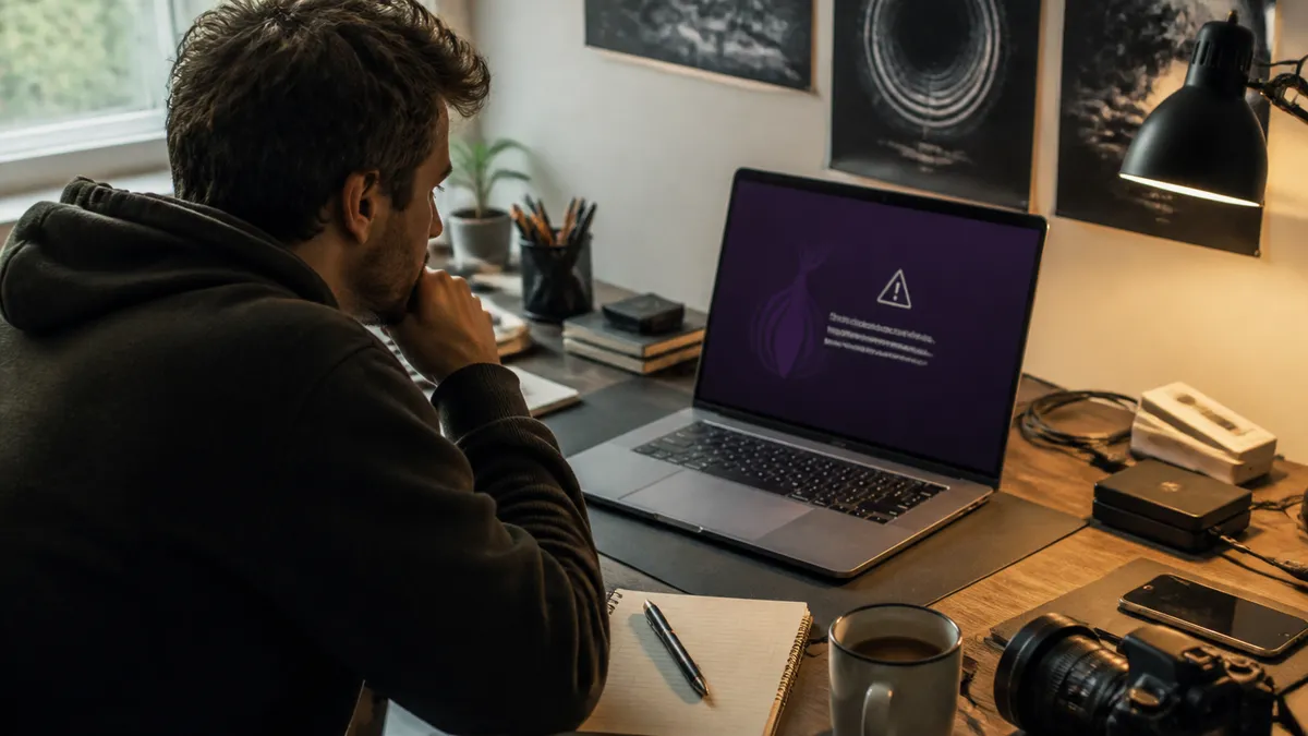 A person troubleshooting onion link issues on a laptop in a cozy home office.