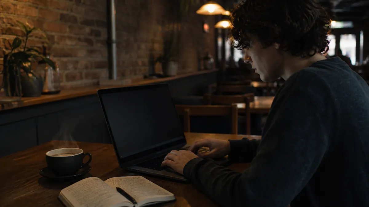 A person is engaged in browsing the dark web using Tor Browser in a café.