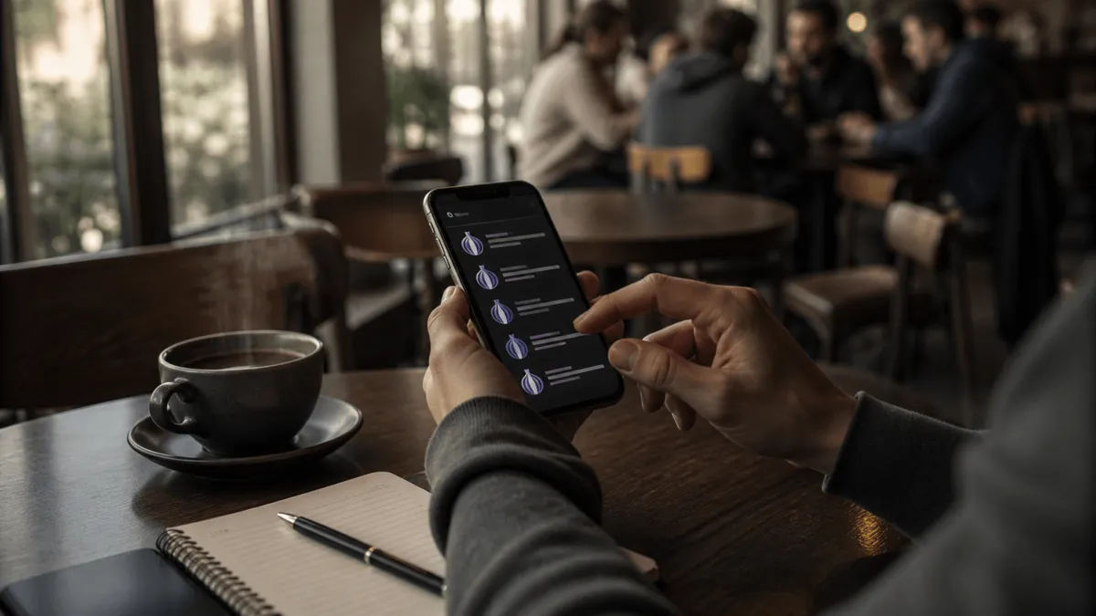 A person is reviewing curated onion links on their smartphone at a café.