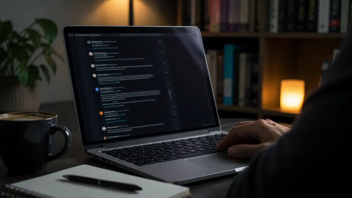 A person focused on laptop discussing dark web safety tips in a cozy workspace.