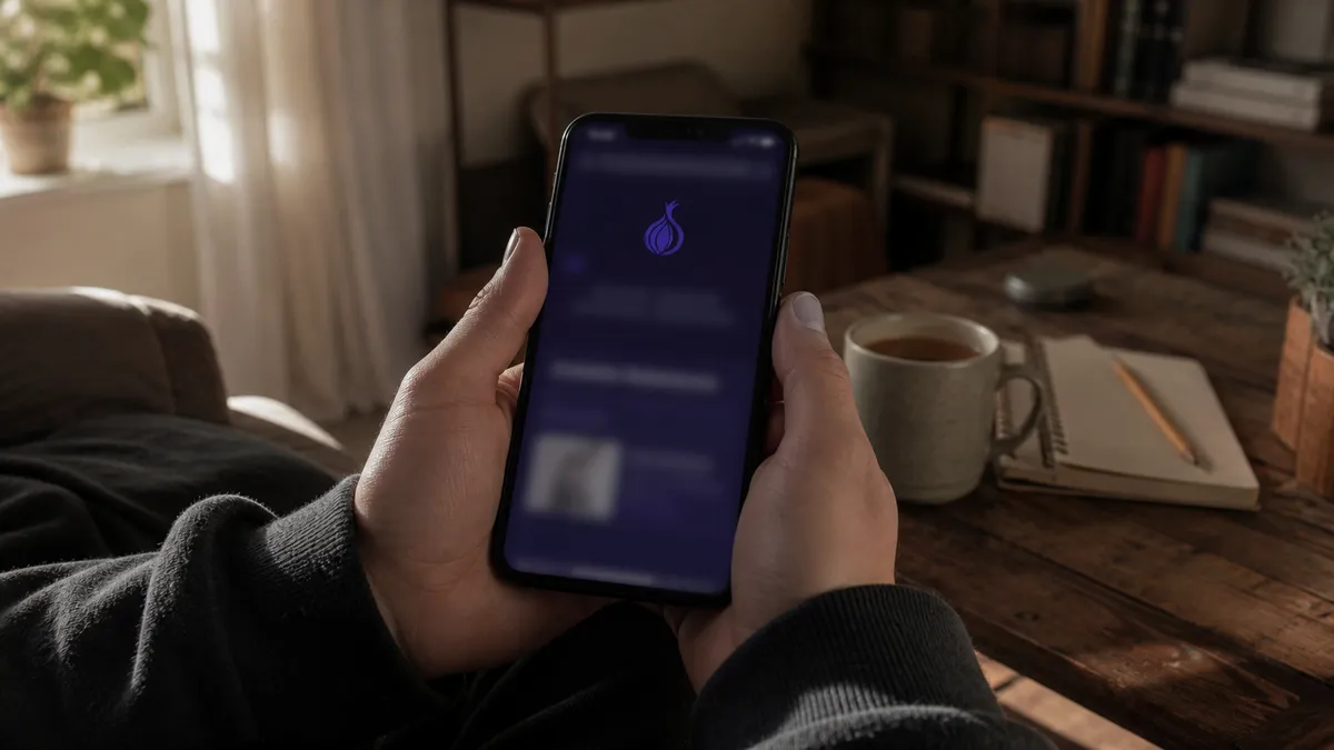 A user is browsing the dark web safely using an iPhone with Onion Browser.