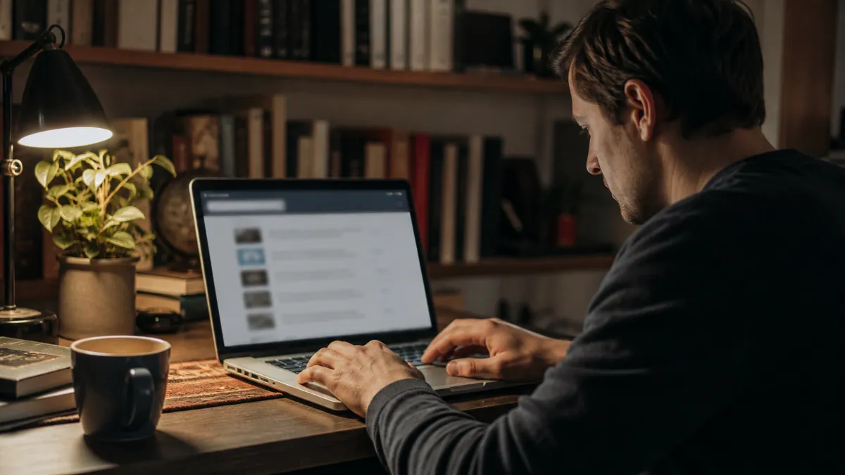 A user exploring the Ahmia search engine on their laptop in a home office.