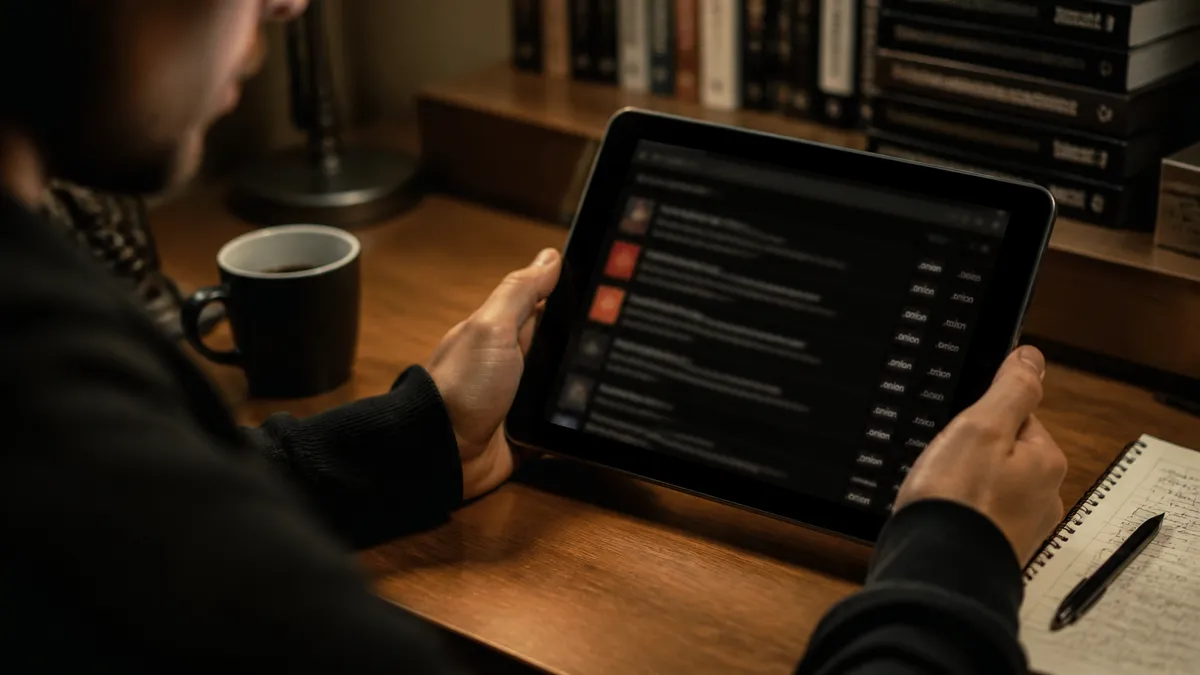 A person is analyzing dark web resources using a tablet on a desk.