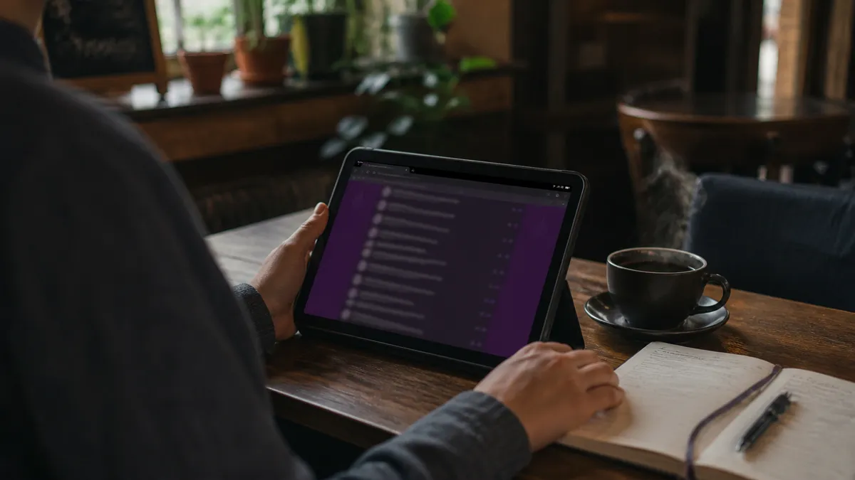 A person uses a tablet in a café to explore Tor onion sites.