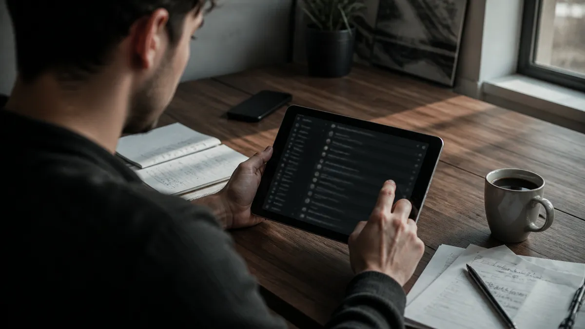 A person using a tablet to explore a dark web directory in a modern workspace.