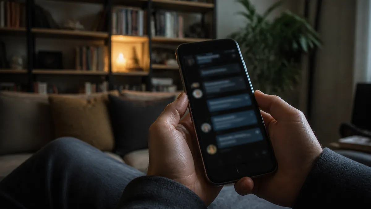 A person shares Tor links through Telegram in a cozy setting.
