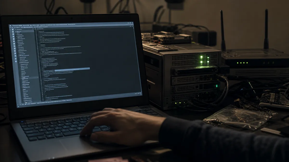 A person configuring an onion service on a local server in a tech workspace.