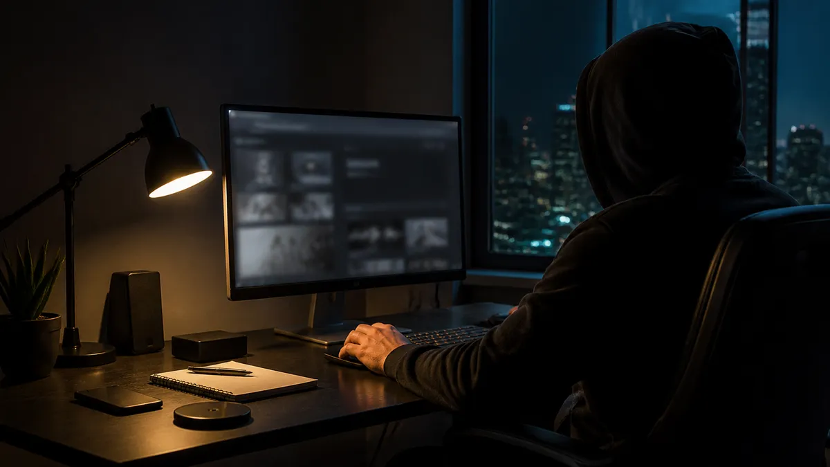 A person explores .onion links on a desktop computer in a cozy workspace.
