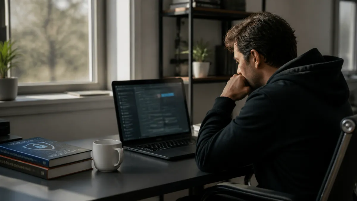 A person focused on a laptop in a modern office environment checking dark web data leaks.