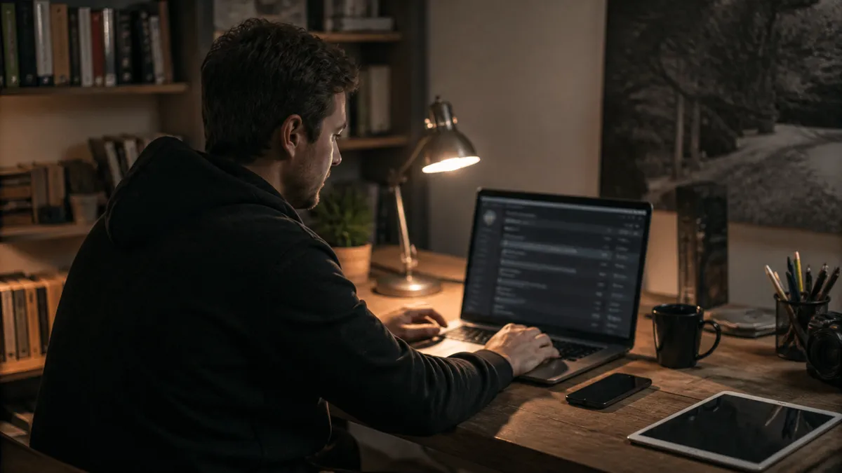 A user is engaging with the Ahmia dark web search engine on their laptop in a cozy workspace.