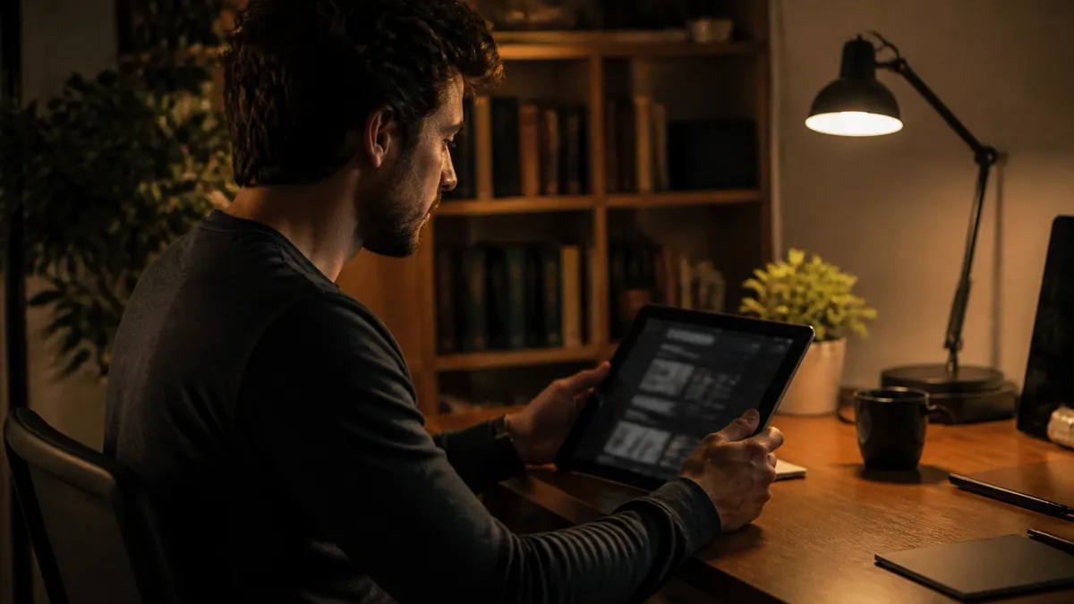 A user is exploring a dark web directory on a tablet in a home office.