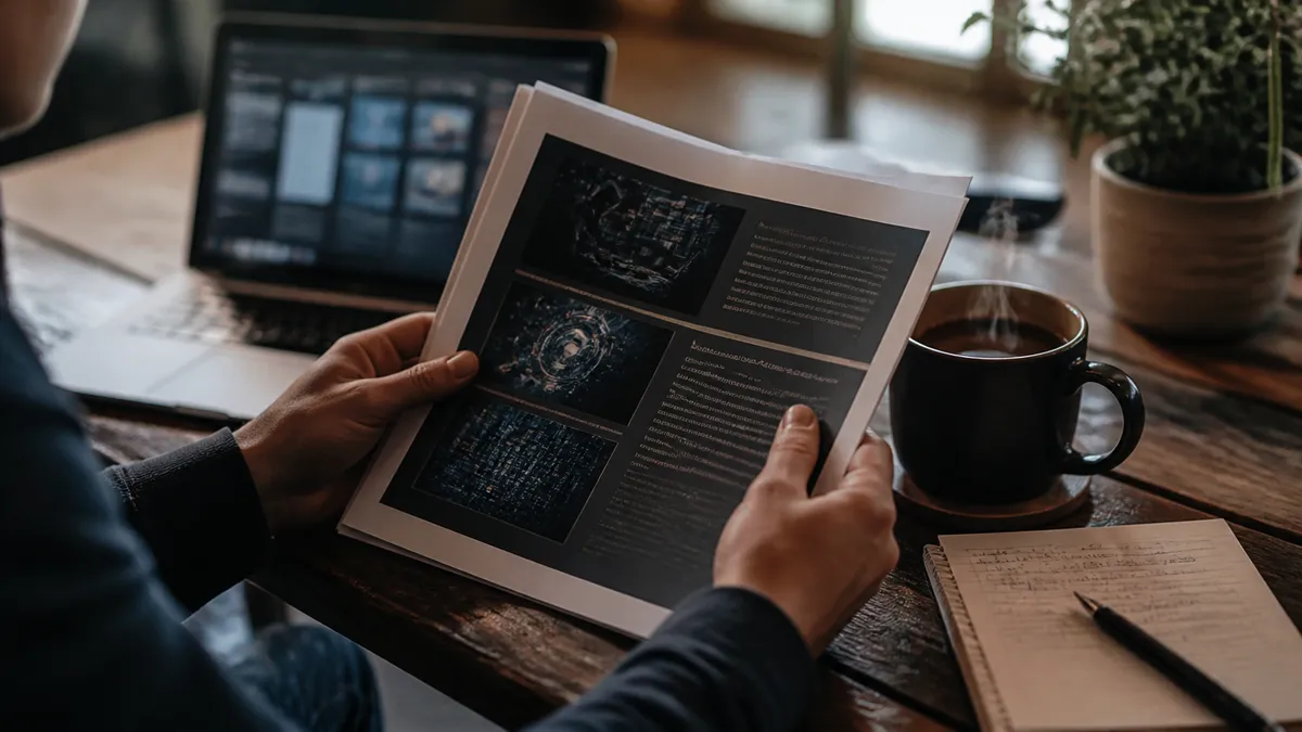 A person reviewing a printed guide on dark web safety and tools.