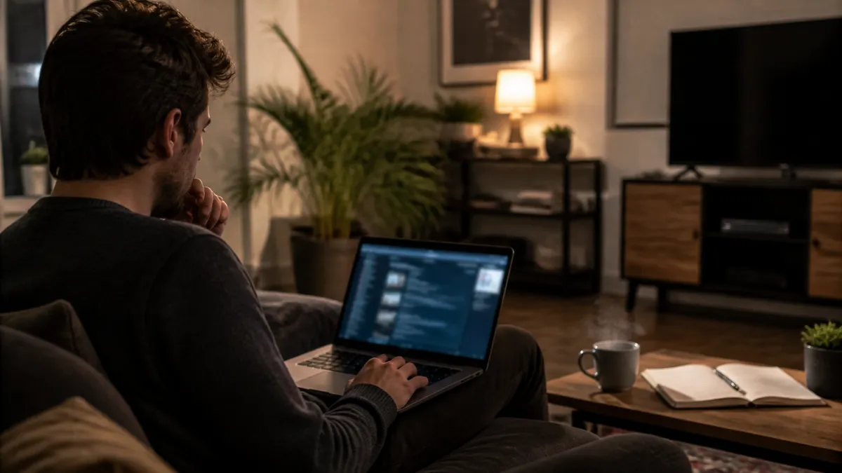 A person exploring dark web resources in a comfortable living space.