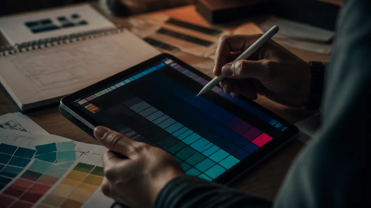 A designer curating a dark color palette for a website at a modern workspace.