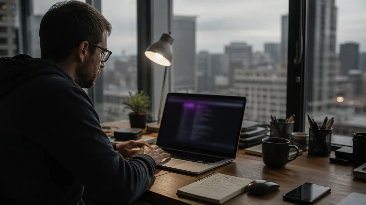 A person navigating dark web resources in a contemporary office setting.