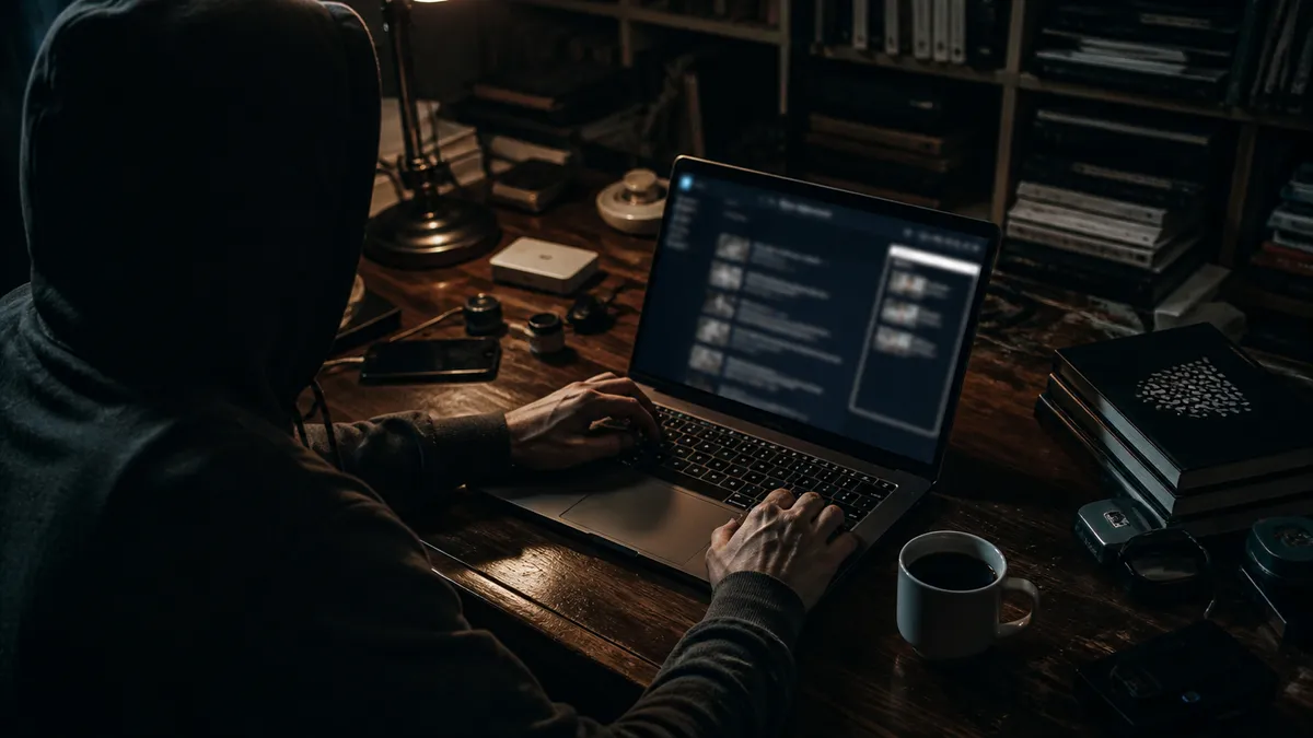 A person engaged in exploring dark web directories in a cozy room.
