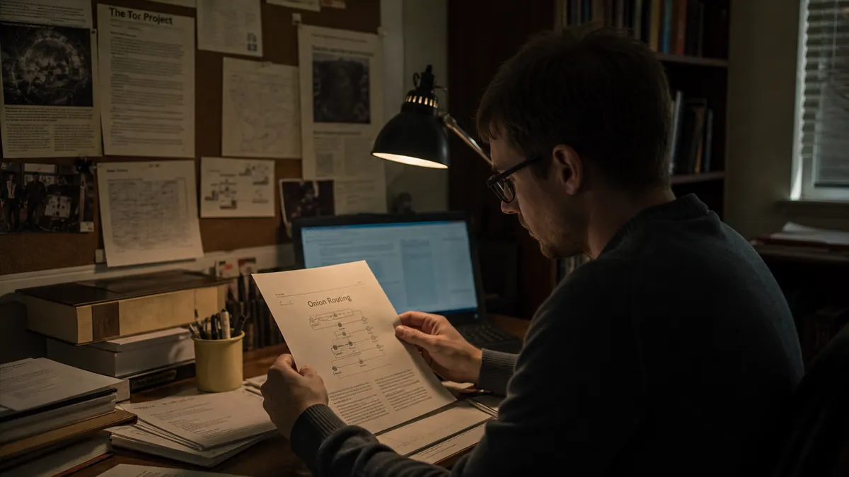 A researcher analyzes early documents related to the Tor Project's development.